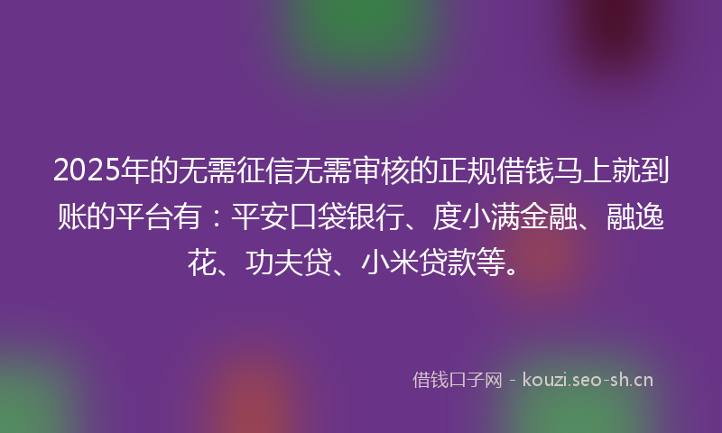 2025年的无需征信无需审核的正规借钱马上就到账的平台有:平安口袋银行、度小满金融、融逸花、功夫贷、小米贷款等。