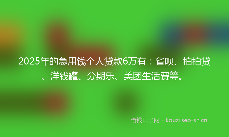 2025年的急用钱个人贷款6万有：省呗、拍拍贷、洋钱罐、分期乐、美团生活费等。