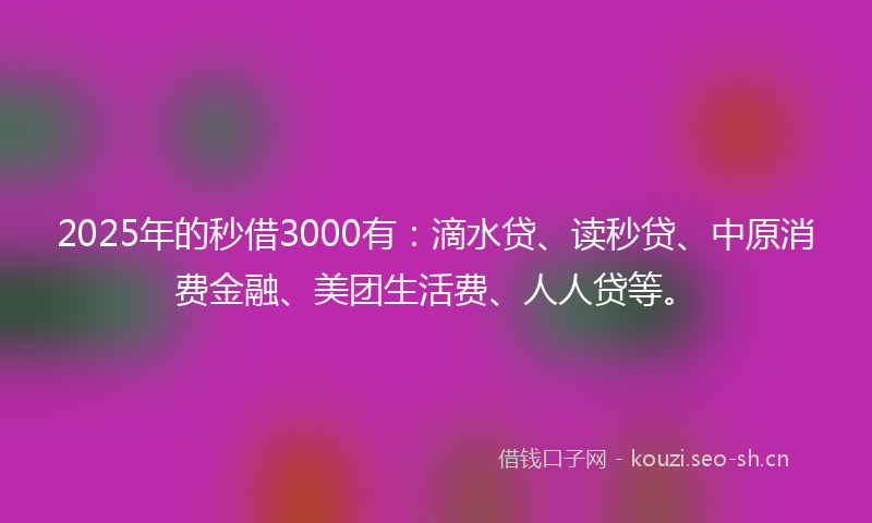 2025年的秒借3000有:滴水贷、读秒贷、中原消费金融、美团生活费、人人贷等。
