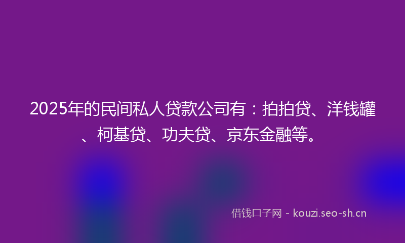 2025年的民间私人贷款公司有：拍拍贷、洋钱罐、柯基贷、功夫贷、京东金融等。
