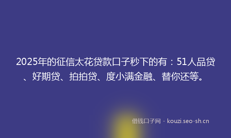 2025年的征信太花贷款口子秒下的有：51人品贷、好期贷、拍拍贷、度小满金融、替你还等。