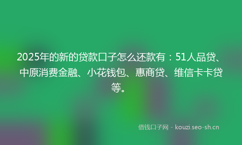 2025年的新的贷款口子怎么还款有:51人品贷、中原消费金融、小花钱包、惠商贷、维信卡卡贷等。