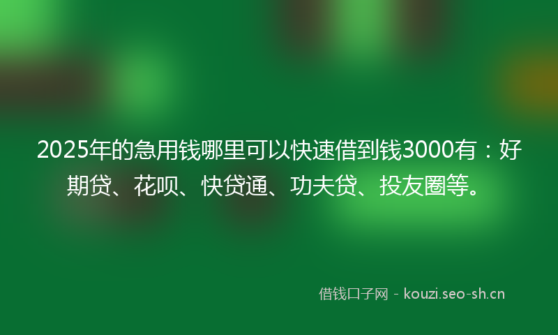 2025年的急用钱哪里可以快速借到钱3000有：好期贷、花呗、快贷通、功夫贷、投友圈等。