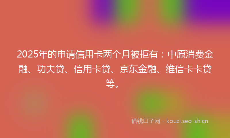 2025年的申请信用卡两个月被拒有:中原消费金融、功夫贷、信用卡贷、京东金融、维信卡卡贷等。