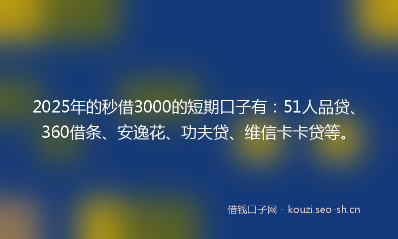 2025年的秒借3000的短期口子有:51人品贷、360借条、安逸花、功夫贷、维信卡卡贷等。