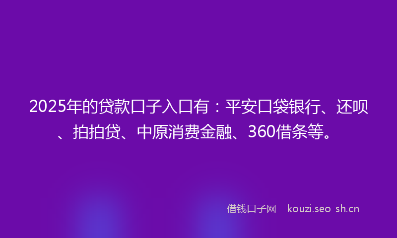2025年的贷款口子入口有：平安口袋银行、还呗、拍拍贷、中原消费金融、360借条等。