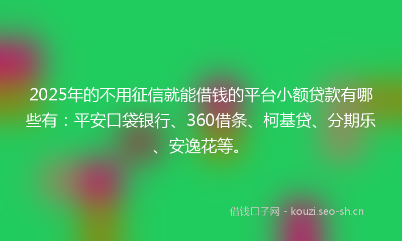2025年的不用征信就能借钱的平台小额贷款有哪些有：平安口袋银行、360借条、柯基贷、分期乐、安逸花等。