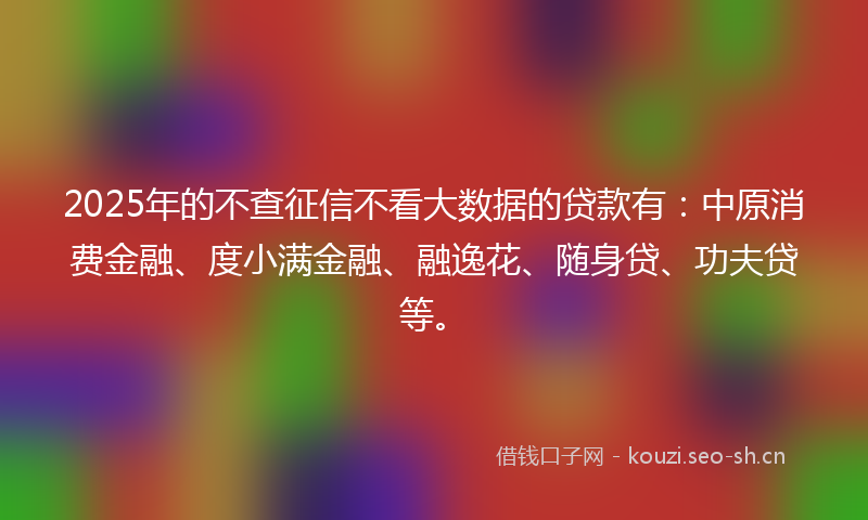 2025年的不查征信不看大数据的贷款有：中原消费金融、度小满金融、融逸花、随身贷、功夫贷等。