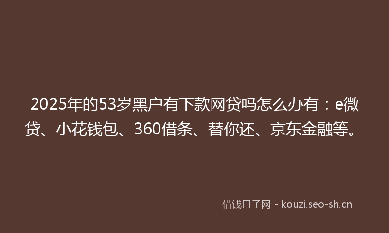 2025年的53岁黑户有下款网贷吗怎么办有:e微贷、小花钱包、360借条、替你还、京东金融等。