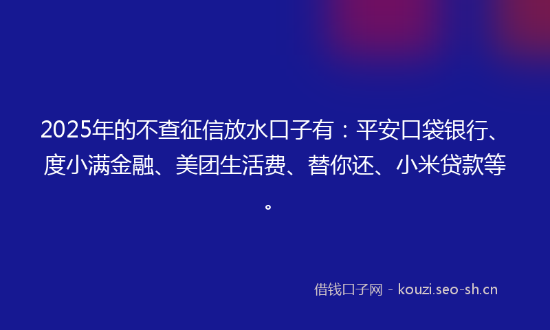2025年的不查征信放水口子有：平安口袋银行、度小满金融、美团生活费、替你还、小米贷款等。