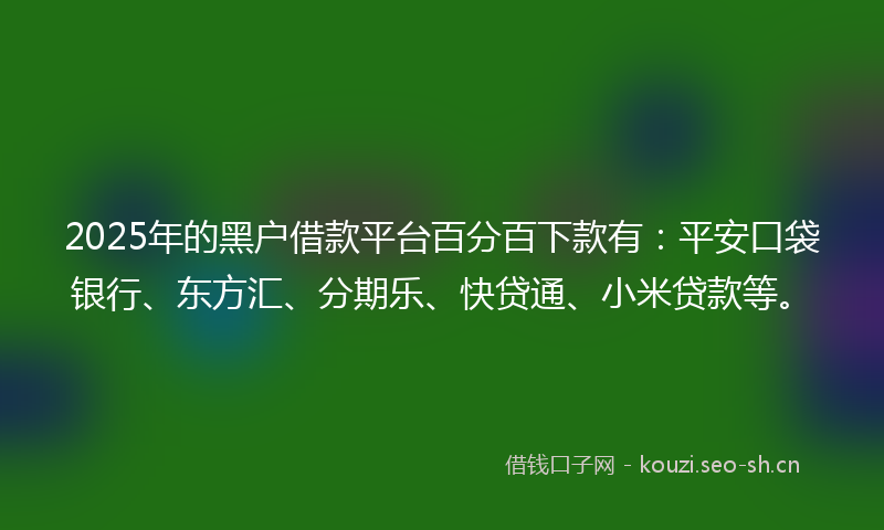 2025年的黑户借款平台百分百下款有：平安口袋银行、东方汇、分期乐、快贷通、小米贷款等。