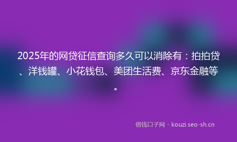 2025年的网贷征信查询多久可以消除有：拍拍贷、洋钱罐、小花钱包、美团生活费、京东金融等。