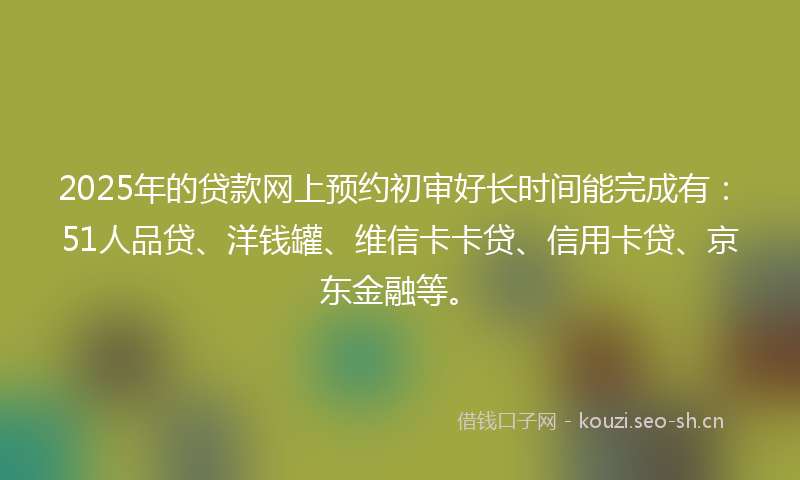 2025年的贷款网上预约初审好长时间能完成有：51人品贷、洋钱罐、维信卡卡贷、信用卡贷、京东金融等。