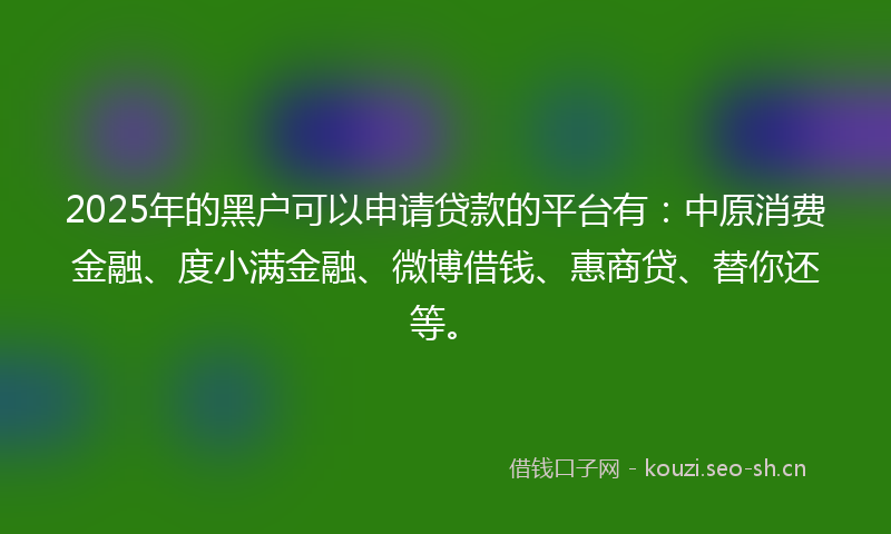 2025年的黑户可以申请贷款的平台有：中原消费金融、度小满金融、微博借钱、惠商贷、替你还等。