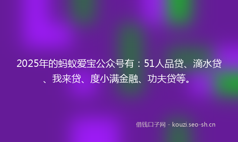 2025年的蚂蚁爱宝公众号有：51人品贷、滴水贷、我来贷、度小满金融、功夫贷等。