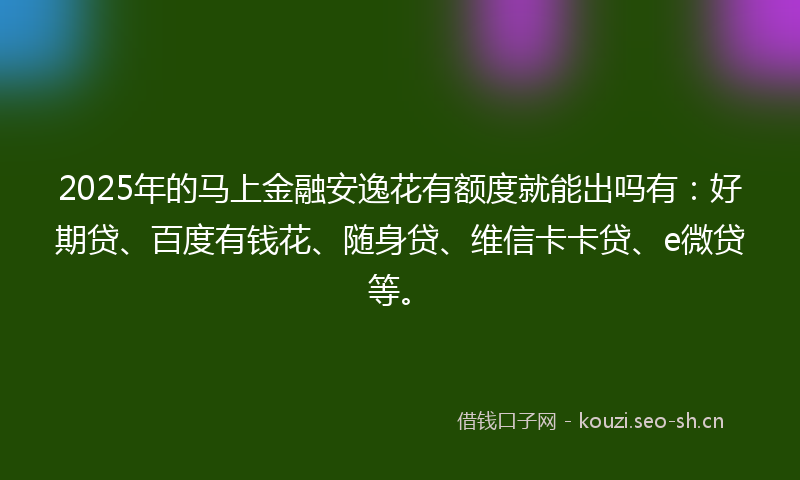 2025年的马上金融安逸花有额度就能出吗有：好期贷、百度有钱花、随身贷、维信卡卡贷、e微贷等。
