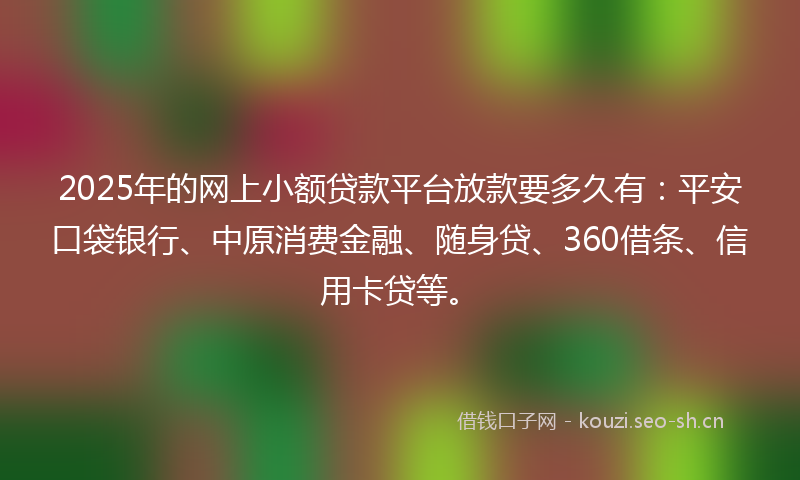 2025年的网上小额贷款平台放款要多久有：平安口袋银行、中原消费金融、随身贷、360借条、信用卡贷等。