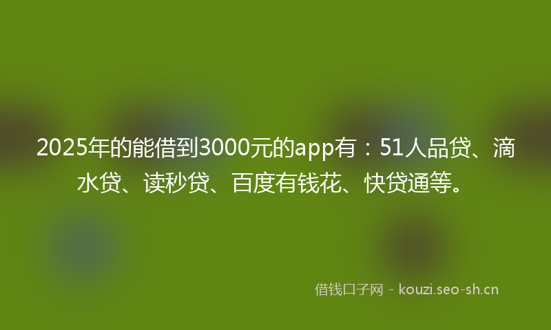 2025年的能借到3000元的app有：51人品贷、滴水贷、读秒贷、百度有钱花、快贷通等。