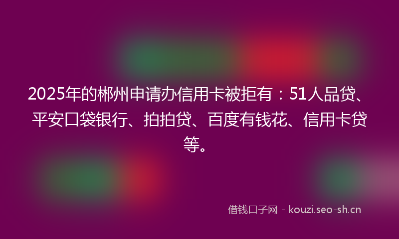 2025年的郴州申请办信用卡被拒有：51人品贷、平安口袋银行、拍拍贷、百度有钱花、信用卡贷等。