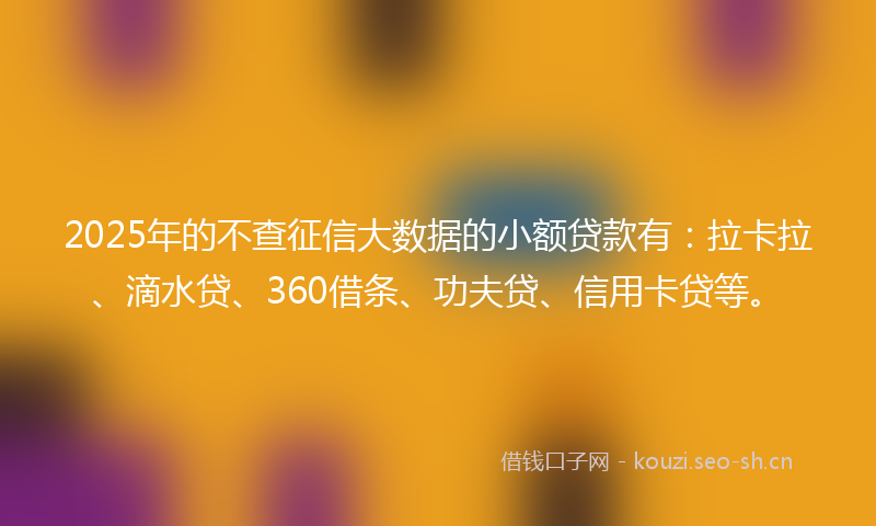 2025年的不查征信大数据的小额贷款有：拉卡拉、滴水贷、360借条、功夫贷、信用卡贷等。