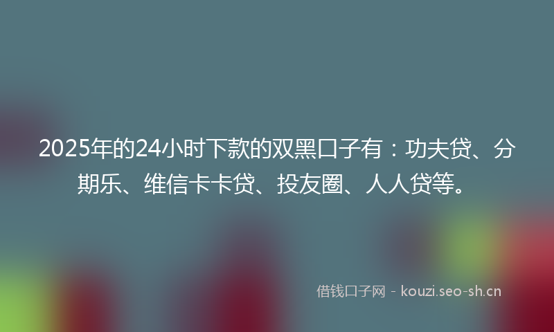 2025年的24小时下款的双黑口子有：功夫贷、分期乐、维信卡卡贷、投友圈、人人贷等。