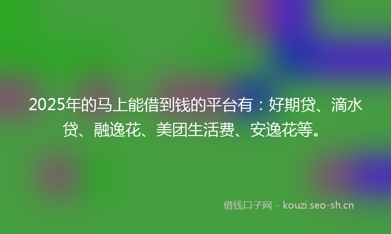 2025年的马上能借到钱的平台有：好期贷、滴水贷、融逸花、美团生活费、安逸花等。