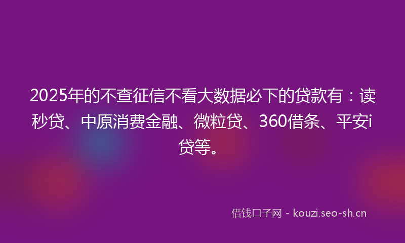 2025年的不查征信不看大数据必下的贷款有：读秒贷、中原消费金融、微粒贷、360借条、平安i贷等。
