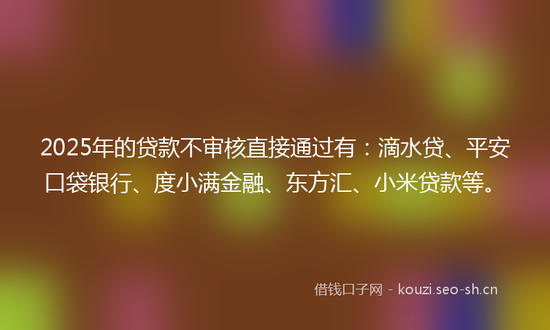 2025年的贷款不审核直接通过有：滴水贷、平安口袋银行、度小满金融、东方汇、小米贷款等。