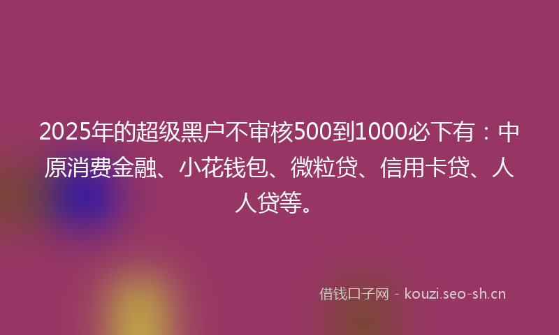 2025年的超级黑户不审核500到1000必下有：中原消费金融、小花钱包、微粒贷、信用卡贷、人人贷等。