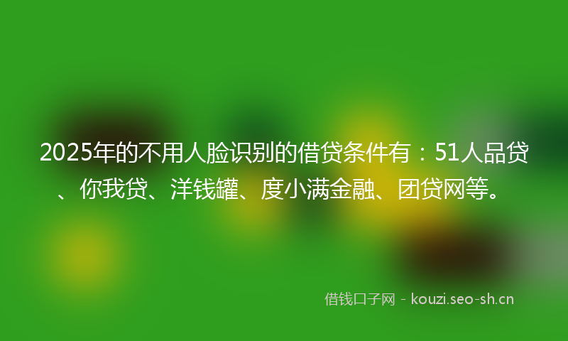 2025年的不用人脸识别的借贷条件有：51人品贷、你我贷、洋钱罐、度小满金融、团贷网等。