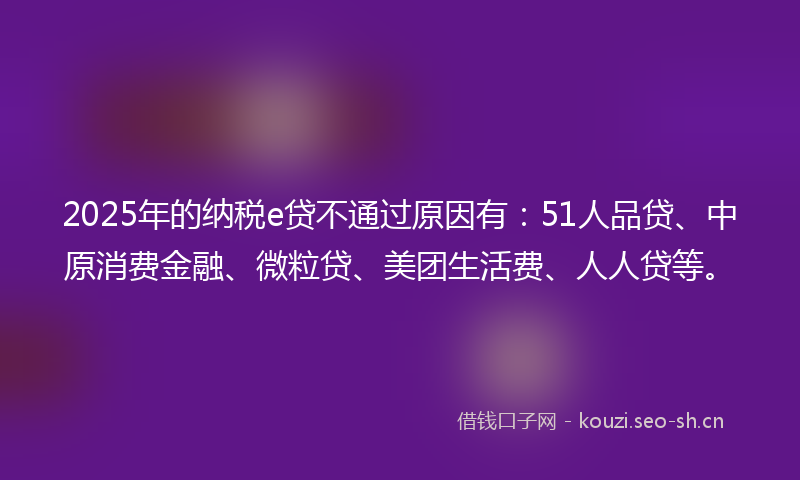 2025年的纳税e贷不通过原因有：51人品贷、中原消费金融、微粒贷、美团生活费、人人贷等。