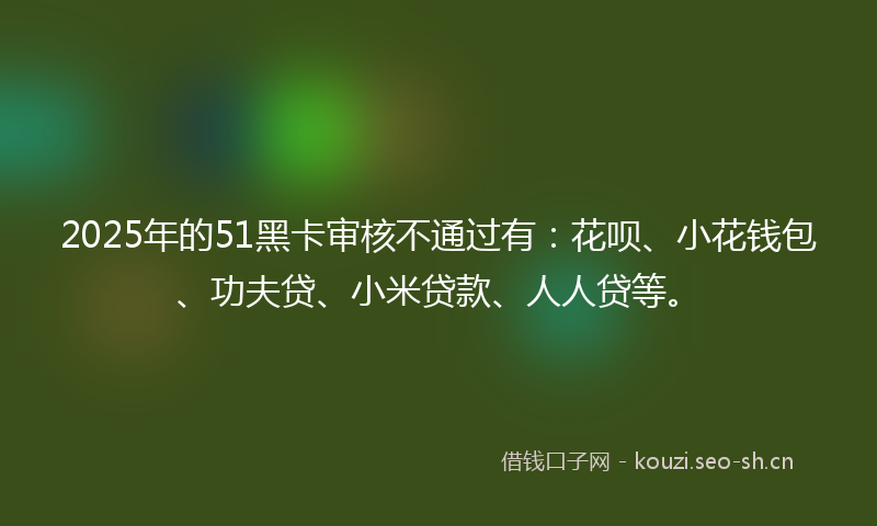 2025年的51黑卡审核不通过有:花呗、小花钱包、功夫贷、小米贷款、人人贷等。