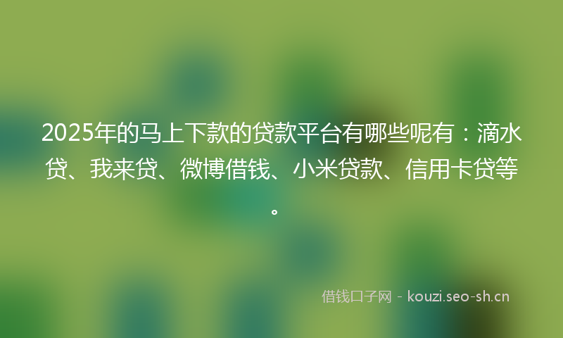 2025年的马上下款的贷款平台有哪些呢有：滴水贷、我来贷、微博借钱、小米贷款、信用卡贷等。