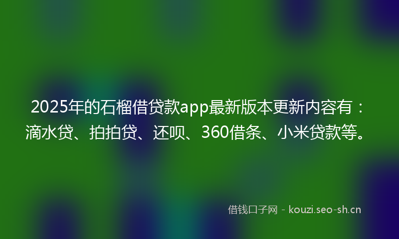2025年的石榴借贷款app最新版本更新内容有：滴水贷、拍拍贷、还呗、360借条、小米贷款等。
