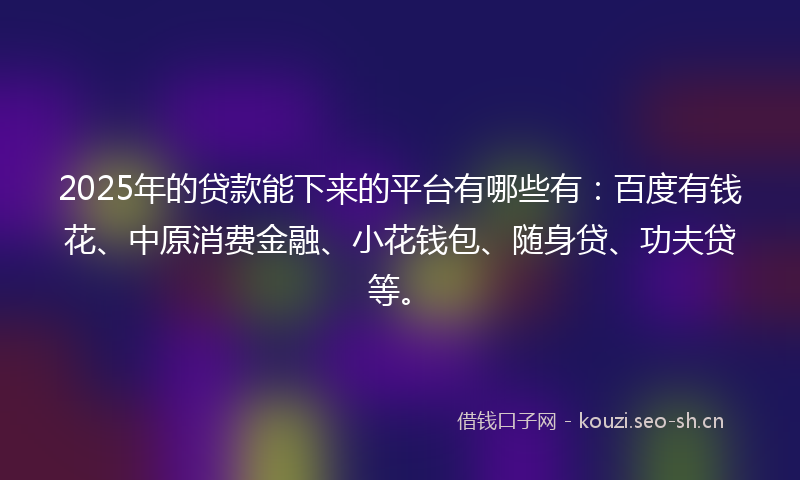 2025年的贷款能下来的平台有哪些有:百度有钱花、中原消费金融、小花钱包、随身贷、功夫贷等。