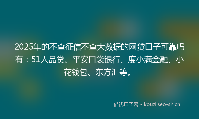 2025年的不查征信不查大数据的网贷口子可靠吗有：51人品贷、平安口袋银行、度小满金融、小花钱包、东方汇等。