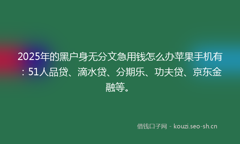 2025年的黑户身无分文急用钱怎么办苹果手机有：51人品贷、滴水贷、分期乐、功夫贷、京东金融等。