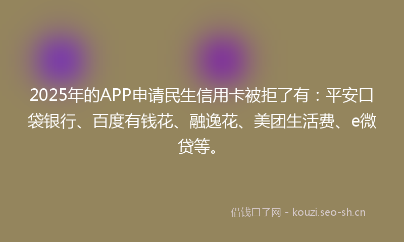 2025年的APP申请民生信用卡被拒了有:平安口袋银行、百度有钱花、融逸花、美团生活费、e微贷等。