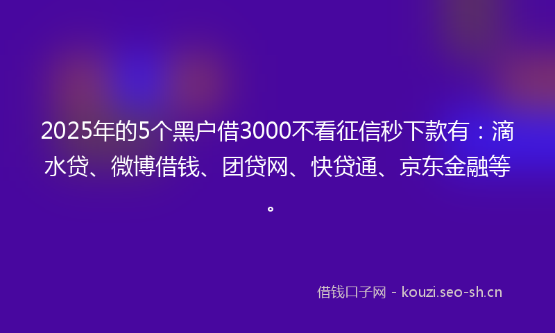 2025年的5个黑户借3000不看征信秒下款有:滴水贷、微博借钱、团贷网、快贷通、京东金融等。