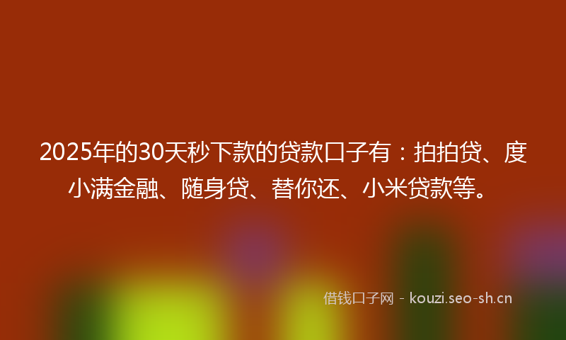 2025年的30天秒下款的贷款口子有：拍拍贷、度小满金融、随身贷、替你还、小米贷款等。