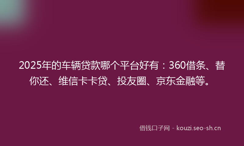 2025年的车辆贷款哪个平台好有：360借条、替你还、维信卡卡贷、投友圈、京东金融等。