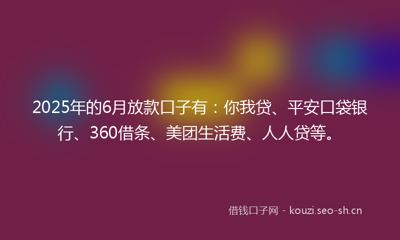 2025年的6月放款口子有：你我贷、平安口袋银行、360借条、美团生活费、人人贷等。