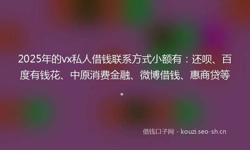 2025年的vx私人借钱联系方式小额有：还呗、百度有钱花、中原消费金融、微博借钱、惠商贷等。