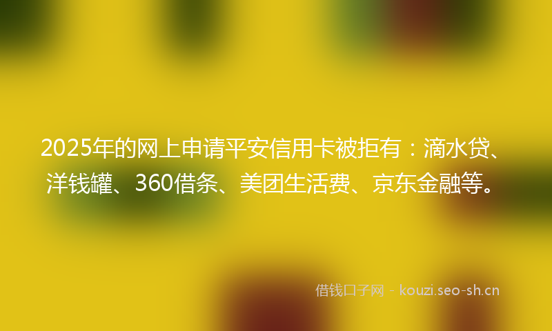 2025年的网上申请平安信用卡被拒有：滴水贷、洋钱罐、360借条、美团生活费、京东金融等。