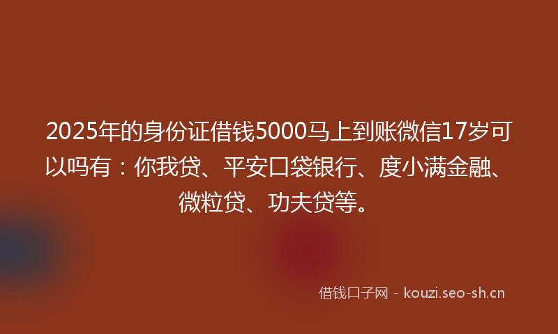 2025年的身份证借钱5000马上到账微信17岁可以吗有：你我贷、平安口袋银行、度小满金融、微粒贷、功夫贷等。