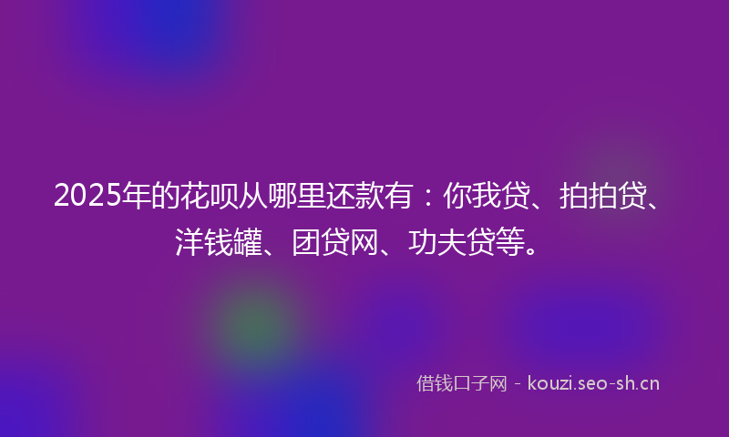 2025年的花呗从哪里还款有：你我贷、拍拍贷、洋钱罐、团贷网、功夫贷等。