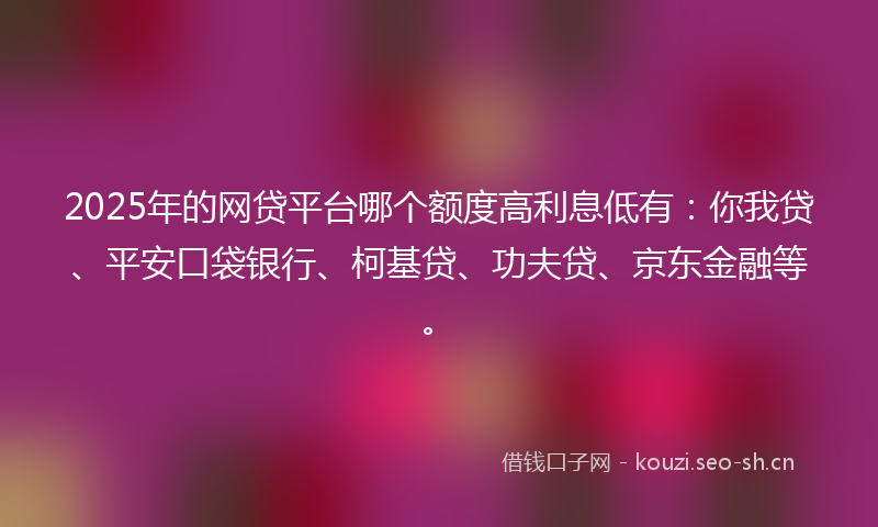 2025年的网贷平台哪个额度高利息低有：你我贷、平安口袋银行、柯基贷、功夫贷、京东金融等。