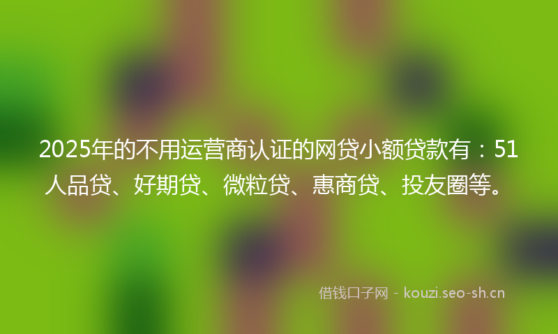 2025年的不用运营商认证的网贷小额贷款有：51人品贷、好期贷、微粒贷、惠商贷、投友圈等。