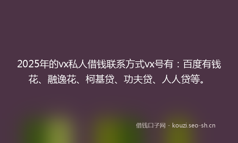 2025年的vx私人借钱联系方式vx号有：百度有钱花、融逸花、柯基贷、功夫贷、人人贷等。