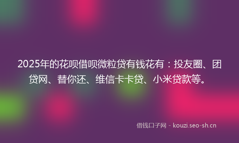 2025年的花呗借呗微粒贷有钱花有：投友圈、团贷网、替你还、维信卡卡贷、小米贷款等。